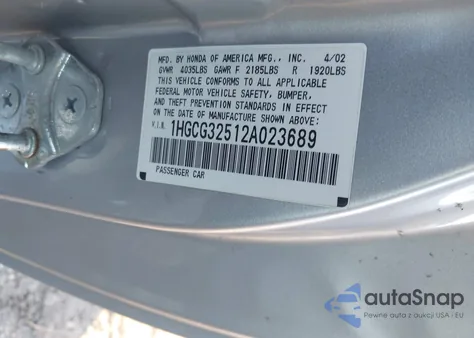 2002 Honda Accord 2.3 Ex из США, поврежденный, VIN 1HGCG32512A023689